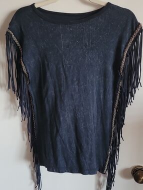 Affliction Black Fringe Muscle Tee with Beaded Trim